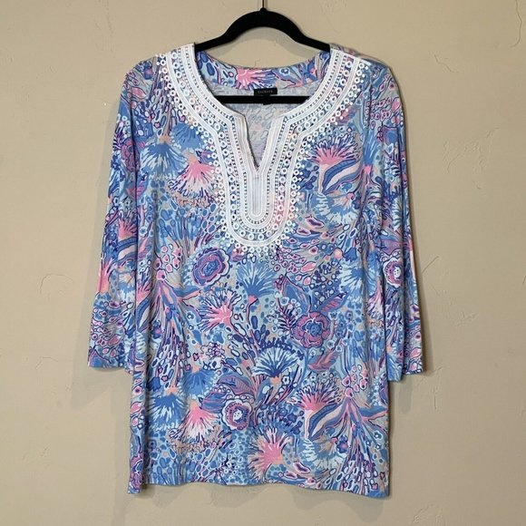 Talbots Women's Size Medium Blue Pink Floral Tunic White Applique 3/4 Sleeve - Picture 2 of 7